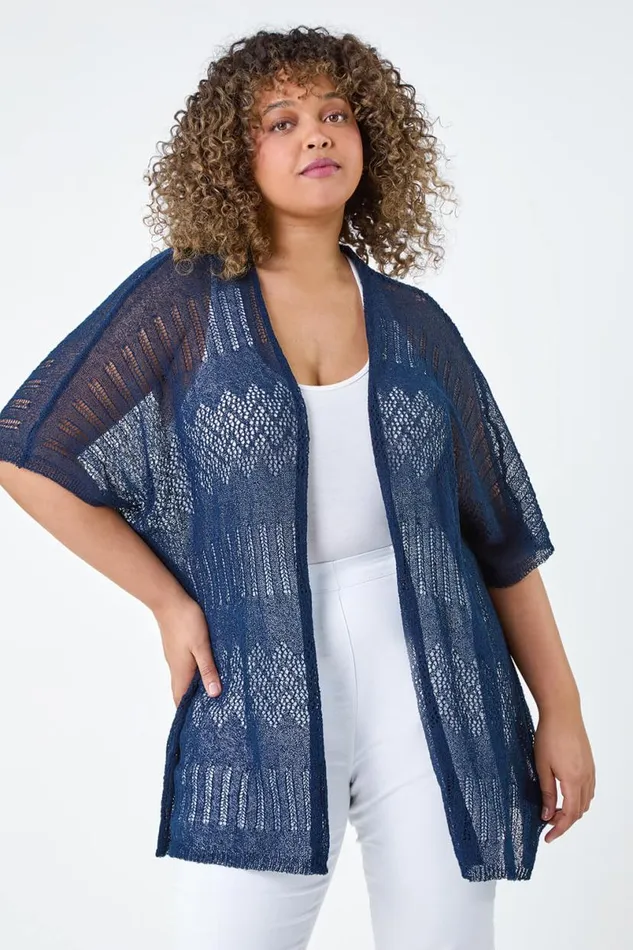 Navy Curve Pointelle Knit Stretch Cardigan Women Roman Knitwear