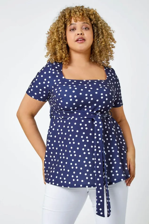 Navy Curve Stretch Polka Dot Peplum Top Women Roman Tops
