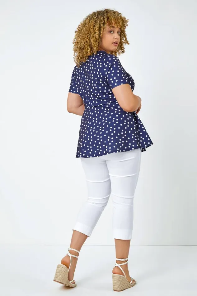 Navy Curve Stretch Polka Dot Peplum Top Women Roman Tops
