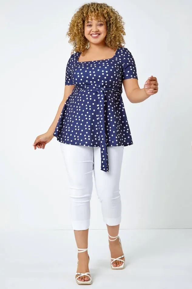 Navy Curve Stretch Polka Dot Peplum Top Women Roman Tops
