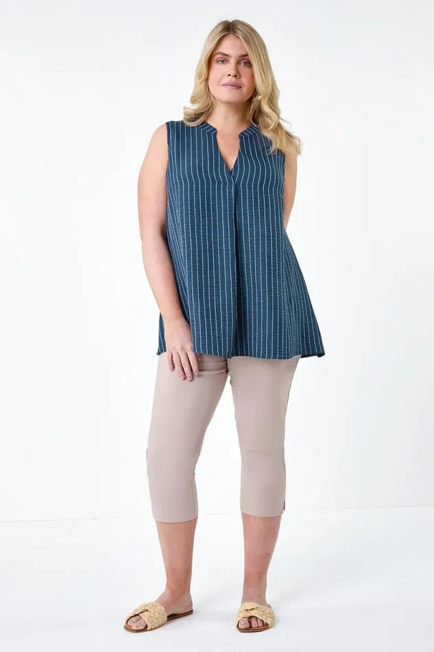 Navy Curve Stripe Print Linen Look VNeck Vest Top Women Roman Tops
