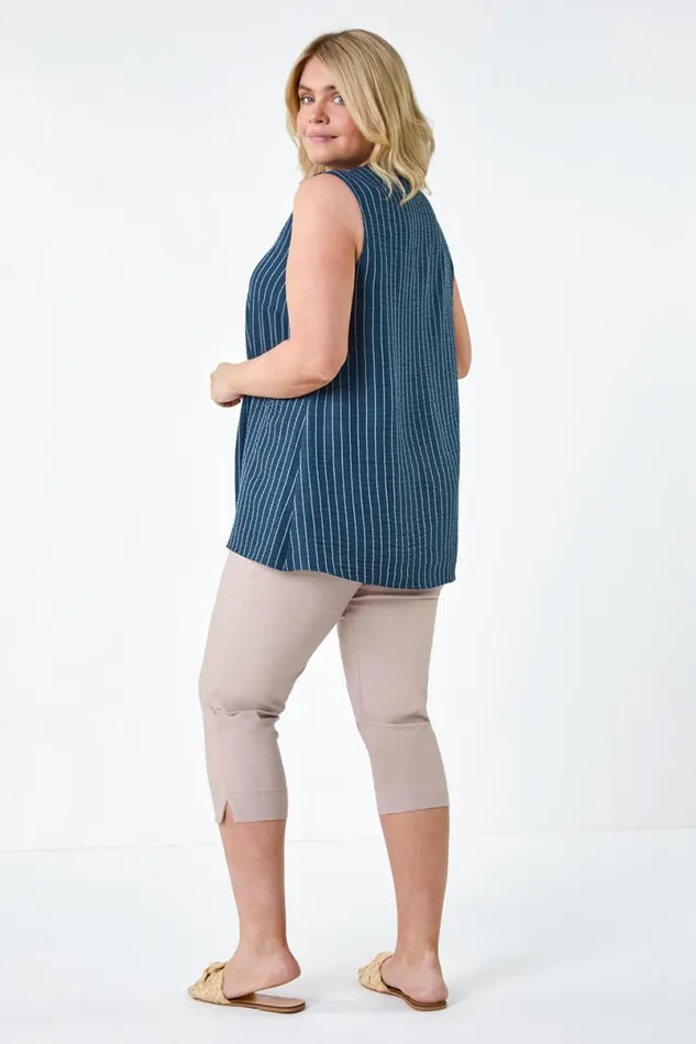 Navy Curve Stripe Print Linen Look VNeck Vest Top Women Roman Tops