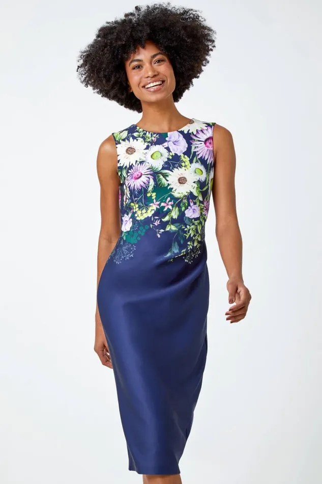 Navy Floral Border Print Stretch Shift Dress Women Roman Dresses