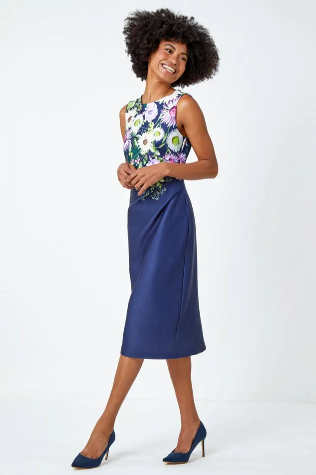 Navy Floral Border Print Stretch Shift Dress Women Roman Dresses