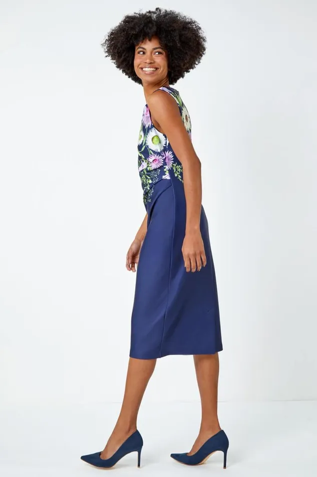 Navy Floral Border Print Stretch Shift Dress Women Roman Dresses