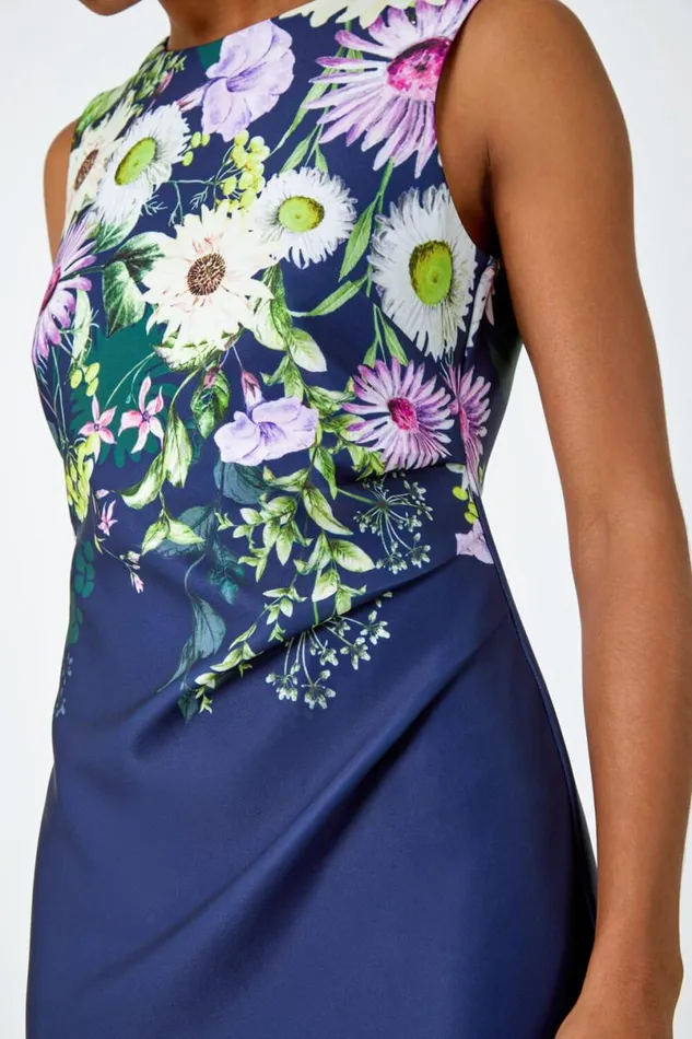 Navy Floral Border Print Stretch Shift Dress Women Roman Dresses