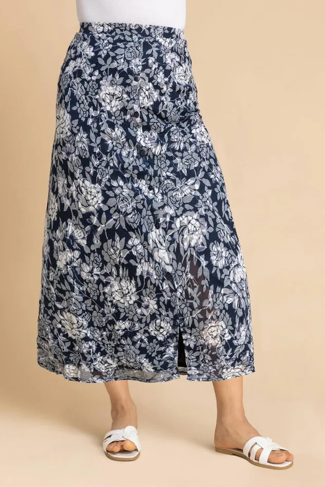Navy Floral Burnout Buttoned Midi Skirt Women Roman Skirts