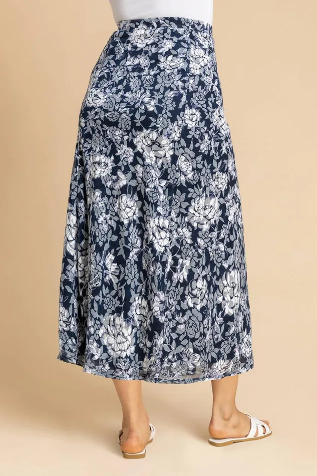 Navy Floral Burnout Buttoned Midi Skirt Women Roman Skirts