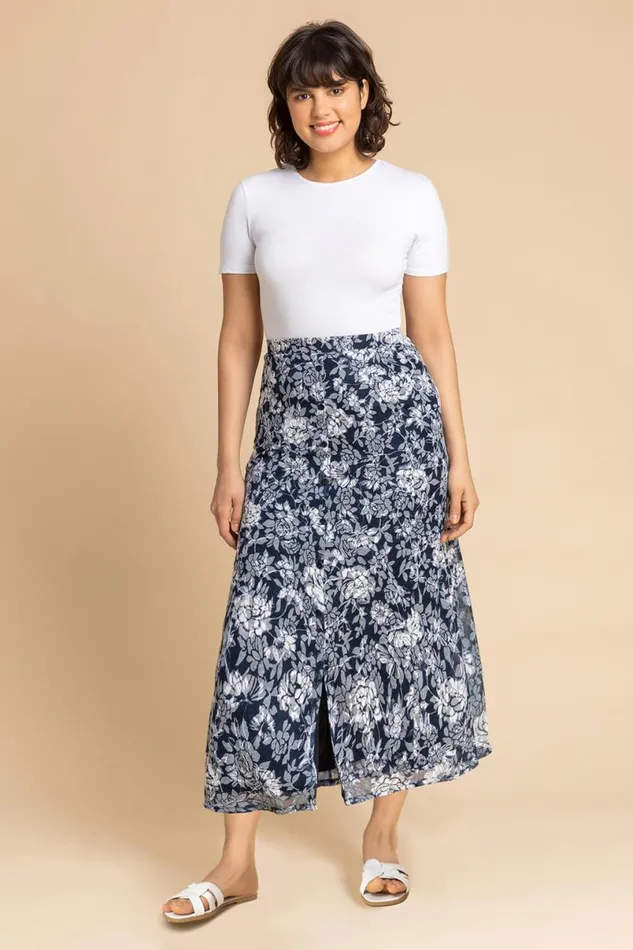 Navy Floral Burnout Buttoned Midi Skirt Women Roman Skirts