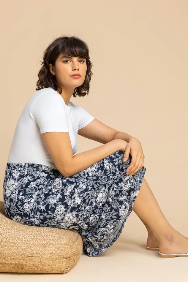 Navy Floral Burnout Buttoned Midi Skirt Women Roman Skirts