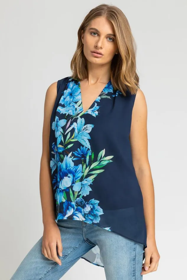 Navy Floral Print Dipped Hem Chiffon Vest Top Women Roman Tops