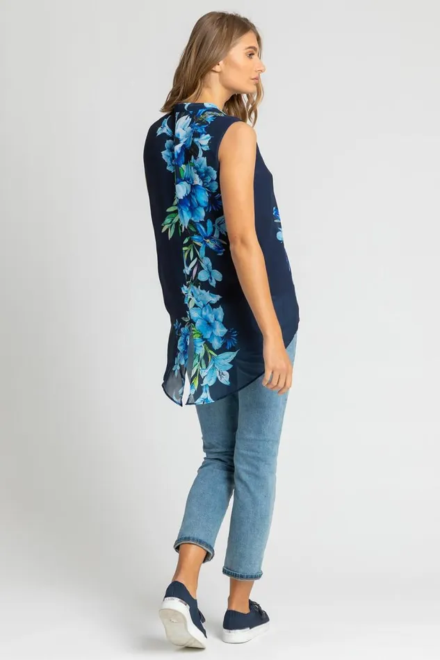 Navy Floral Print Dipped Hem Chiffon Vest Top Women Roman Tops