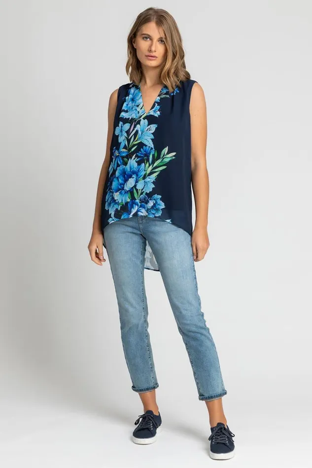 Navy Floral Print Dipped Hem Chiffon Vest Top Women Roman Tops