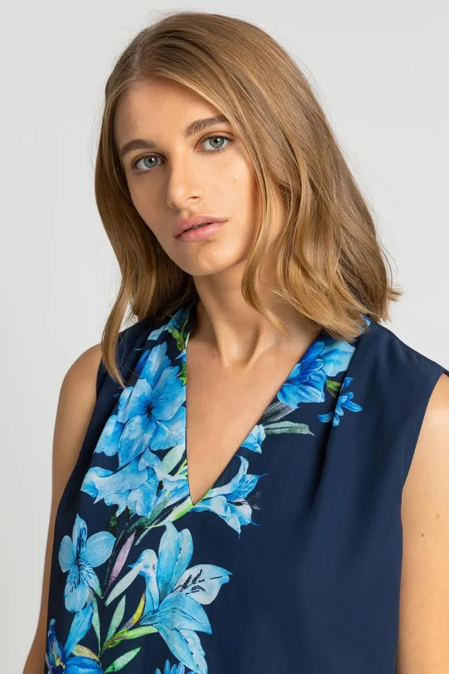 Navy Floral Print Dipped Hem Chiffon Vest Top Women Roman Tops