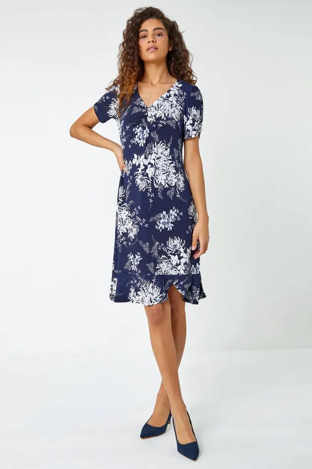 Navy Floral Print Frill Hem Dress Women Roman Dresses