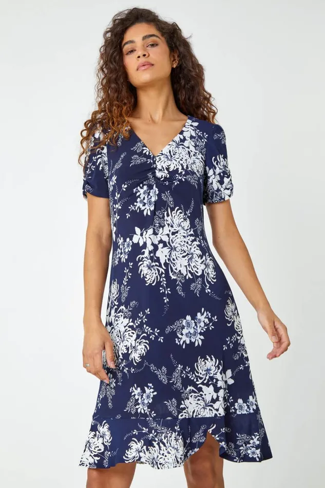 Navy Floral Print Frill Hem Dress Women Roman Dresses