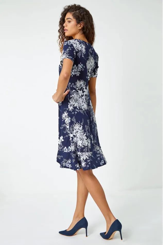 Navy Floral Print Frill Hem Dress Women Roman Dresses