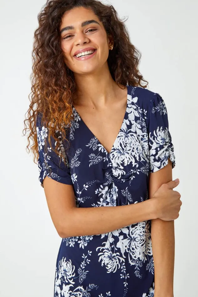Navy Floral Print Frill Hem Dress Women Roman Dresses