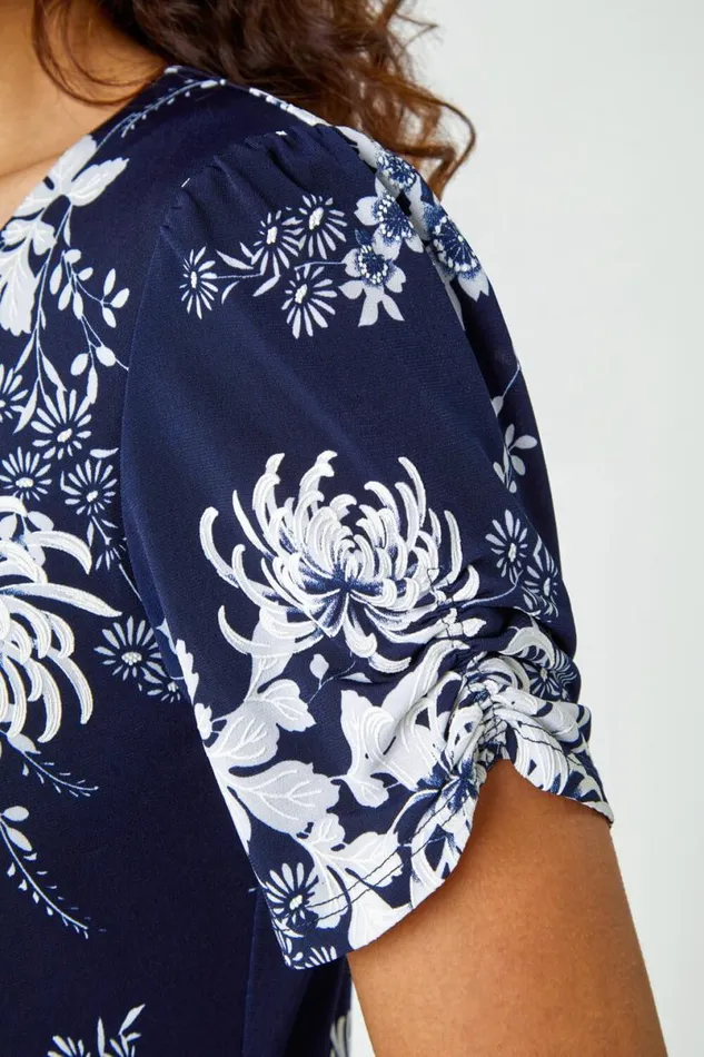 Navy Floral Print Frill Hem Dress Women Roman Dresses