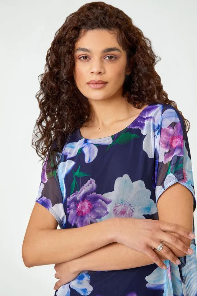 Navy Floral Print Mesh Chiffon Overlay Top Women Roman Tops