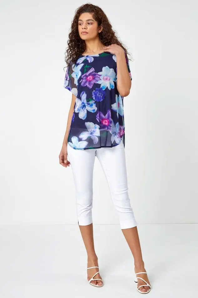 Navy Floral Print Mesh Chiffon Overlay Top Women Roman Tops