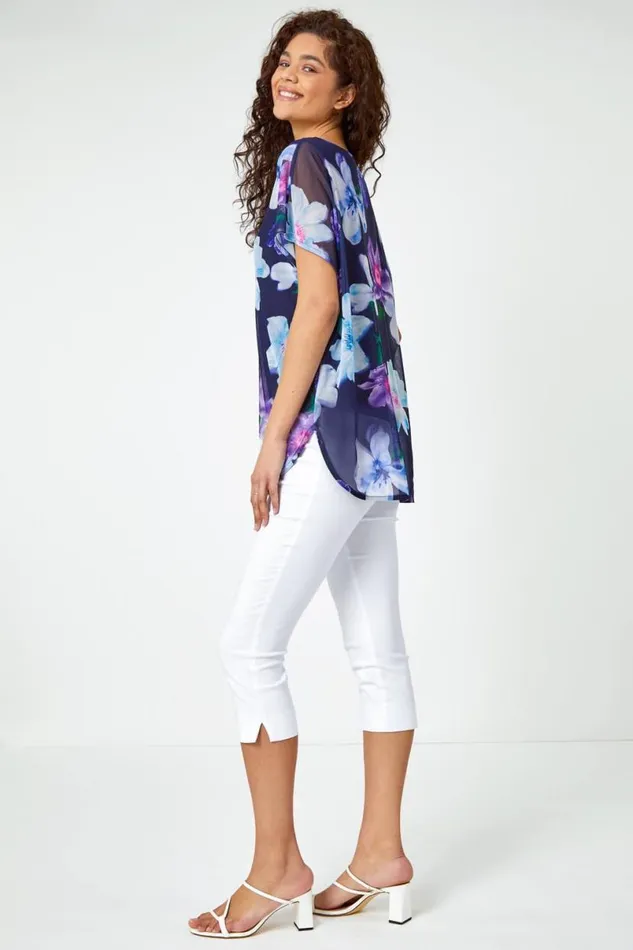 Navy Floral Print Mesh Chiffon Overlay Top Women Roman Tops