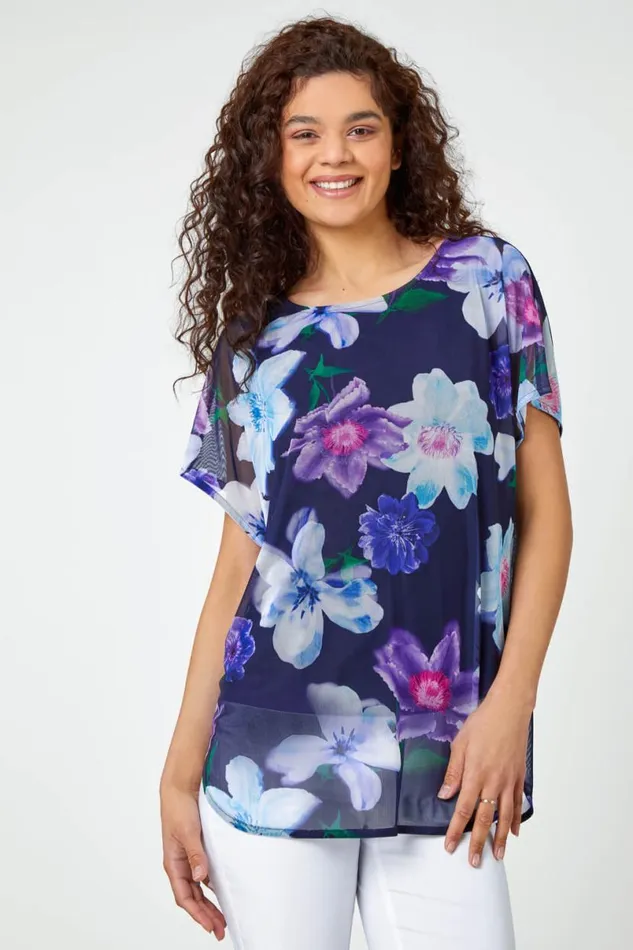 Navy Floral Print Mesh Chiffon Overlay Top Women Roman Tops