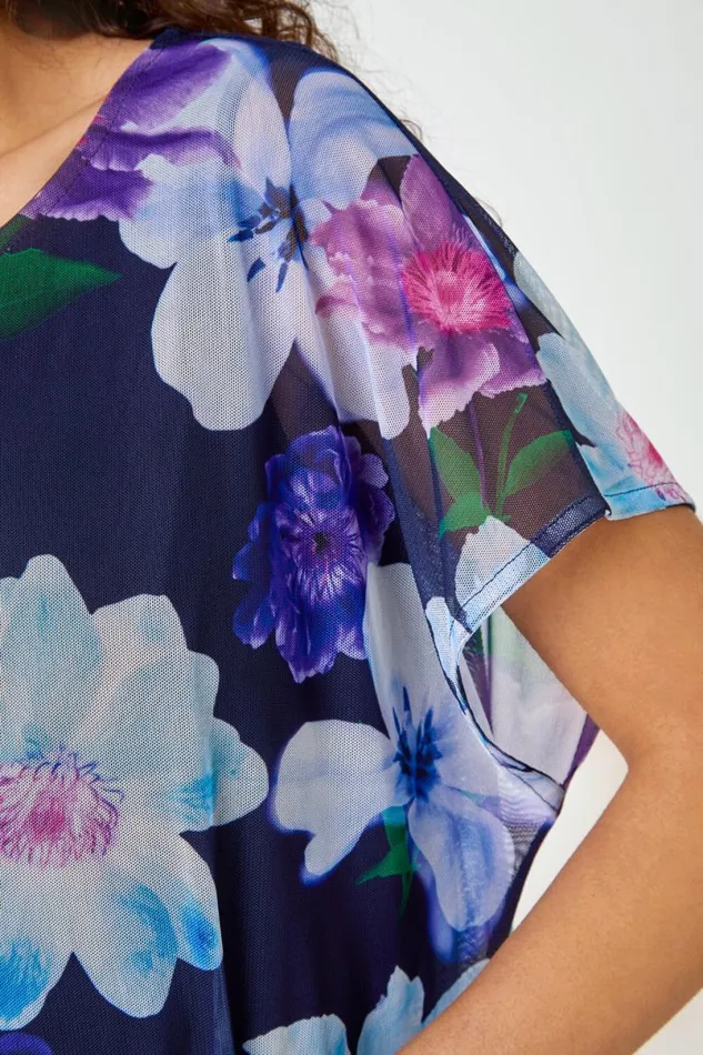 Navy Floral Print Mesh Chiffon Overlay Top Women Roman Tops
