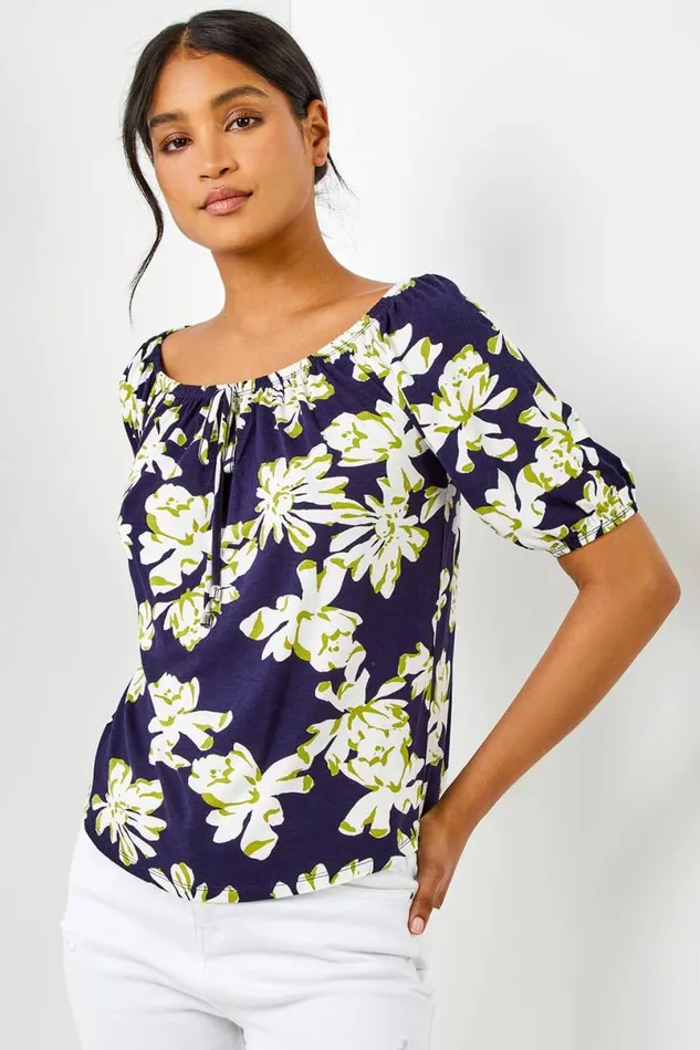 Navy Floral Print Stretch Bardot Top Women Roman Tops