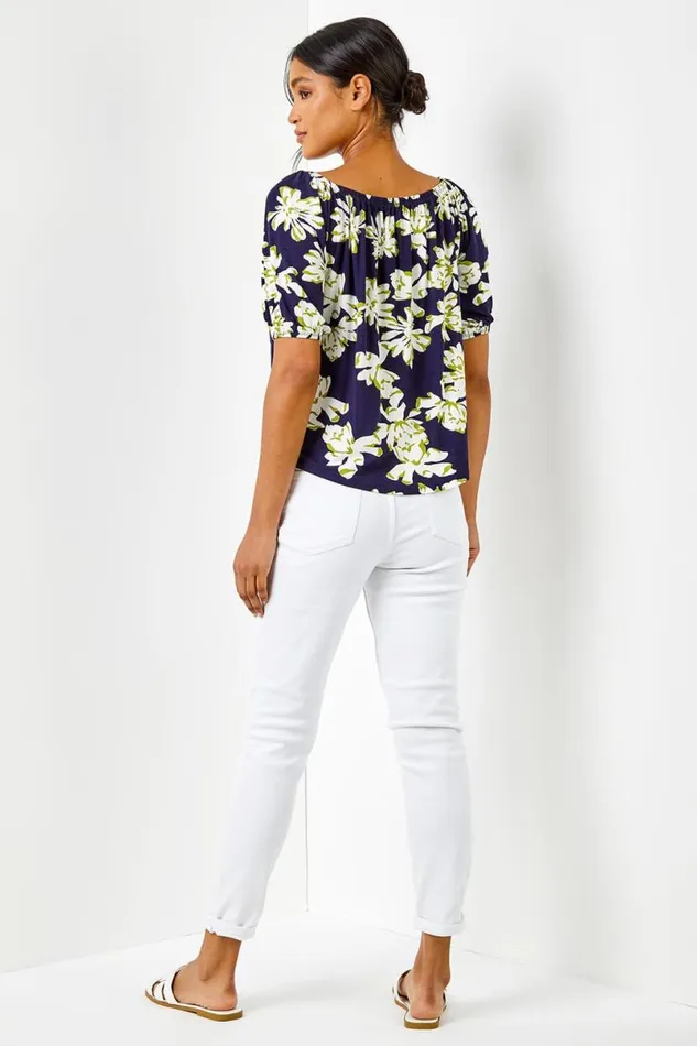 Navy Floral Print Stretch Bardot Top Women Roman Tops