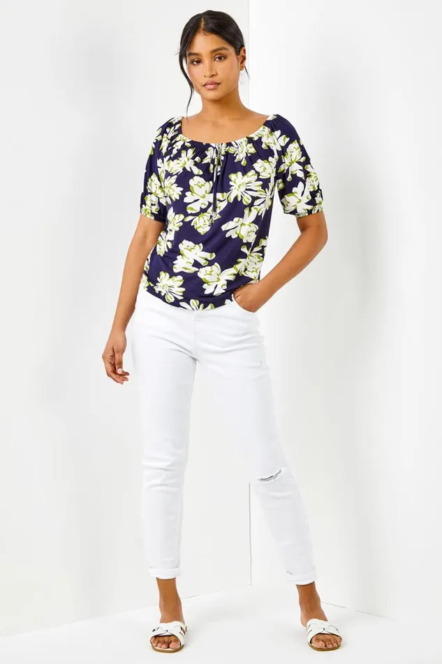 Navy Floral Print Stretch Bardot Top Women Roman Tops