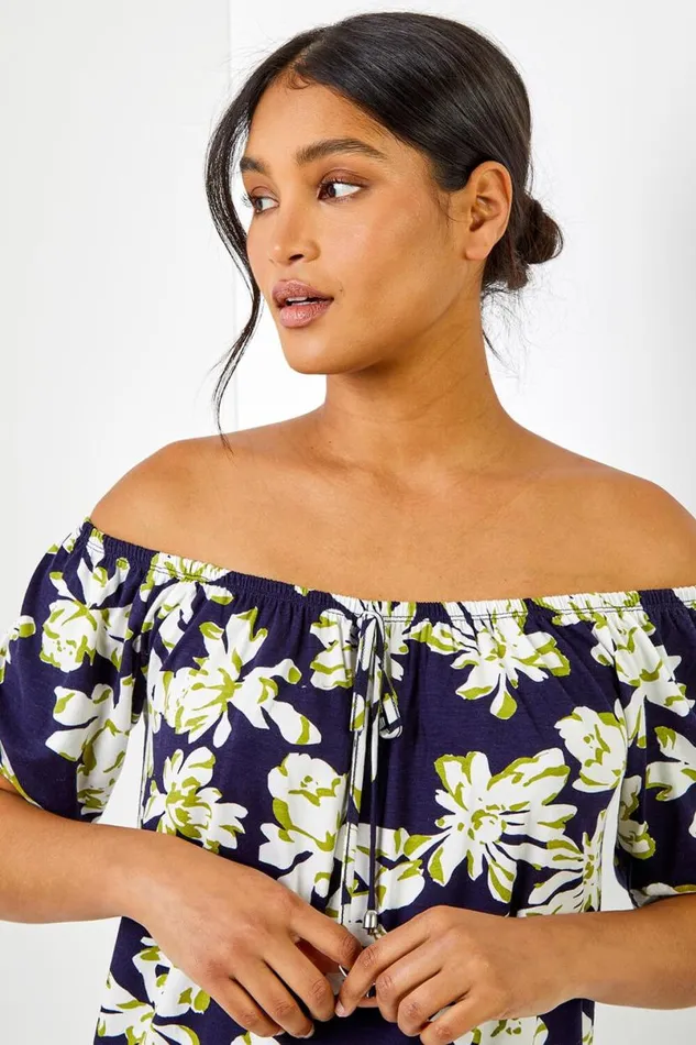 Navy Floral Print Stretch Bardot Top Women Roman Tops