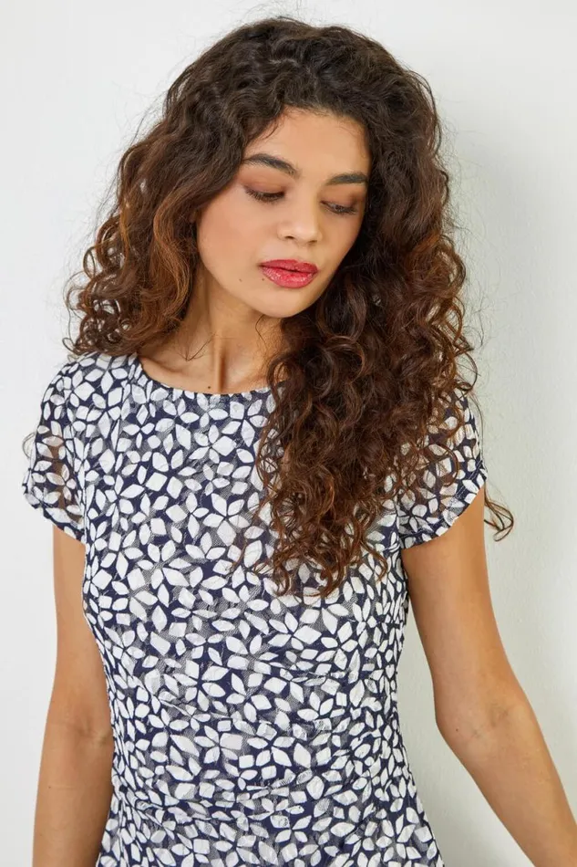 Navy Floral Print Stretch Lace Dress Women Roman Dresses