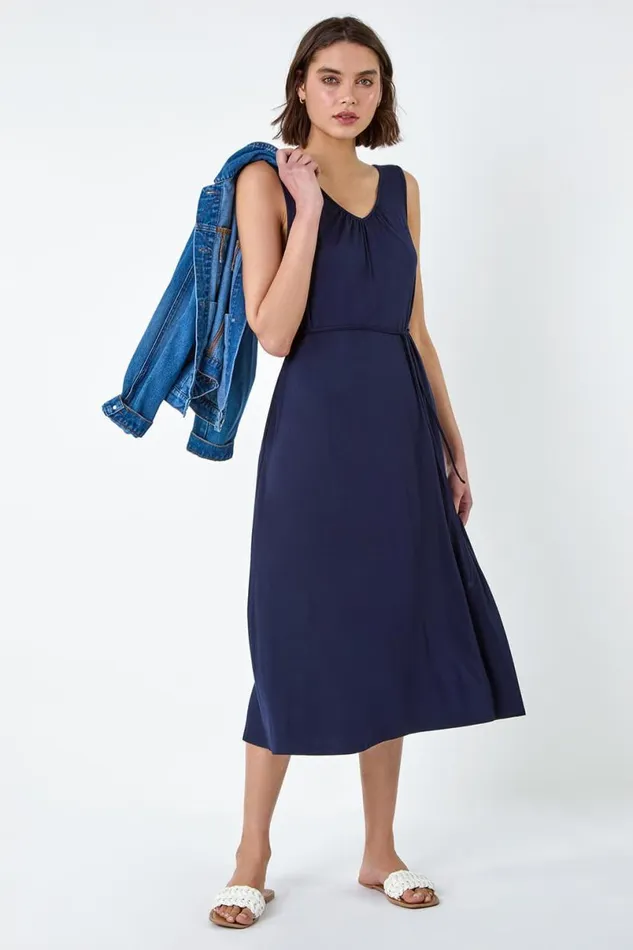 Navy Gathered Tie Detail Stretch Midi Dress Women Roman Dresses
