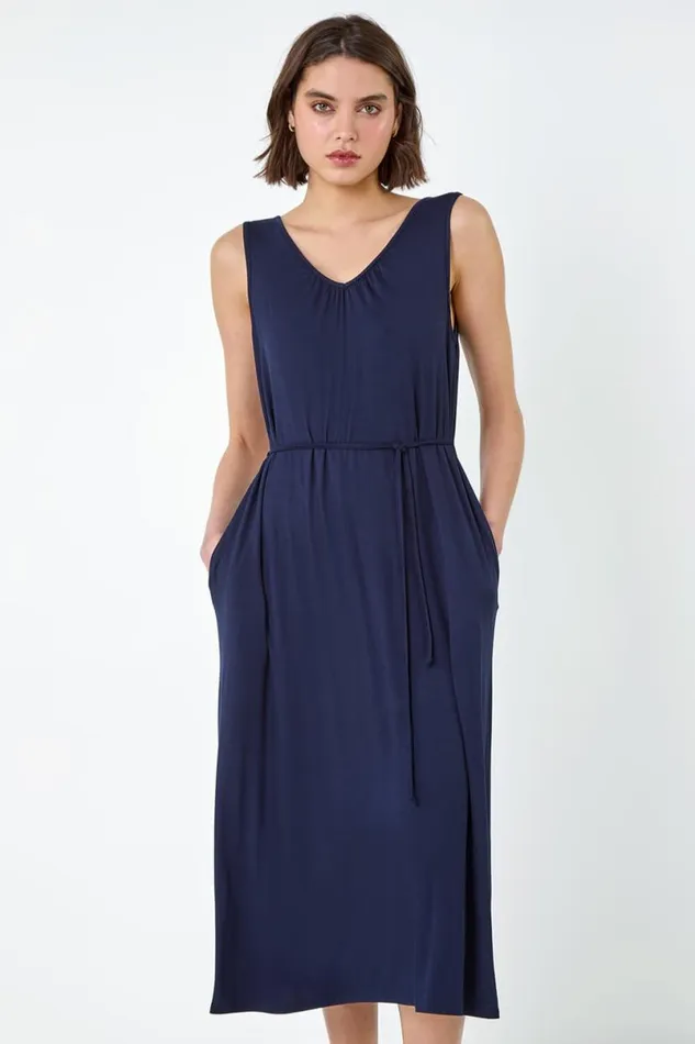 Navy Gathered Tie Detail Stretch Midi Dress Women Roman Dresses