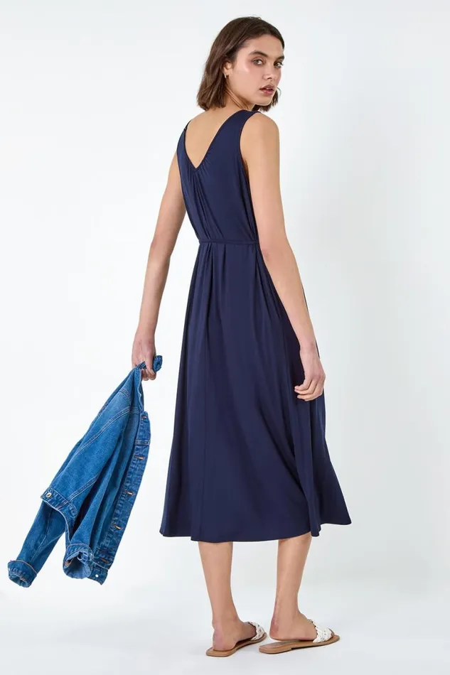 Navy Gathered Tie Detail Stretch Midi Dress Women Roman Dresses