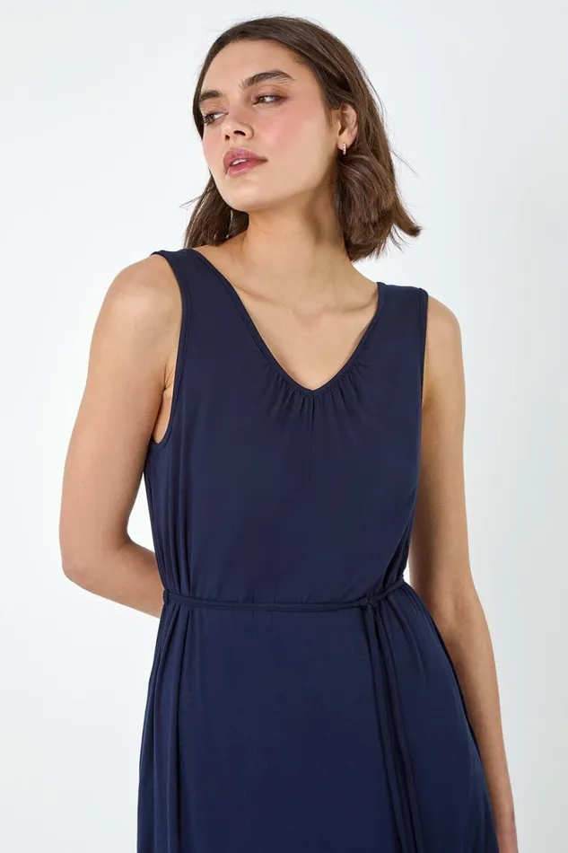 Navy Gathered Tie Detail Stretch Midi Dress Women Roman Dresses