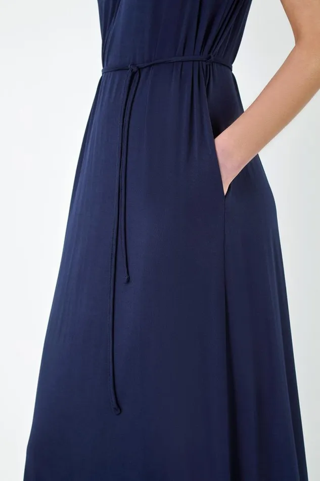 Navy Gathered Tie Detail Stretch Midi Dress Women Roman Dresses