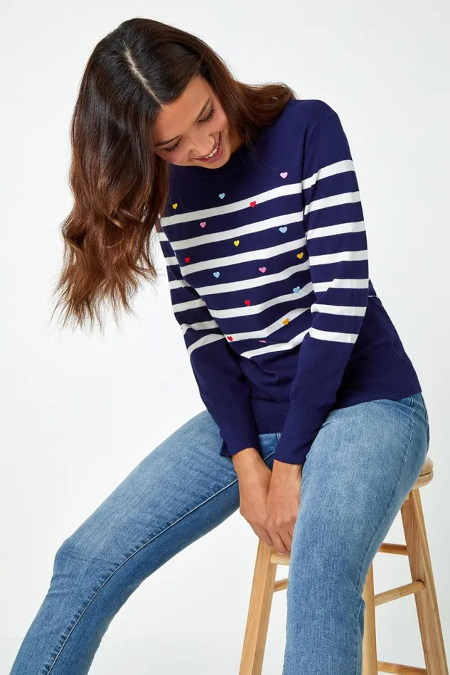 Navy Heart Embroidered Stripe Jumper Women Roman Knitwear