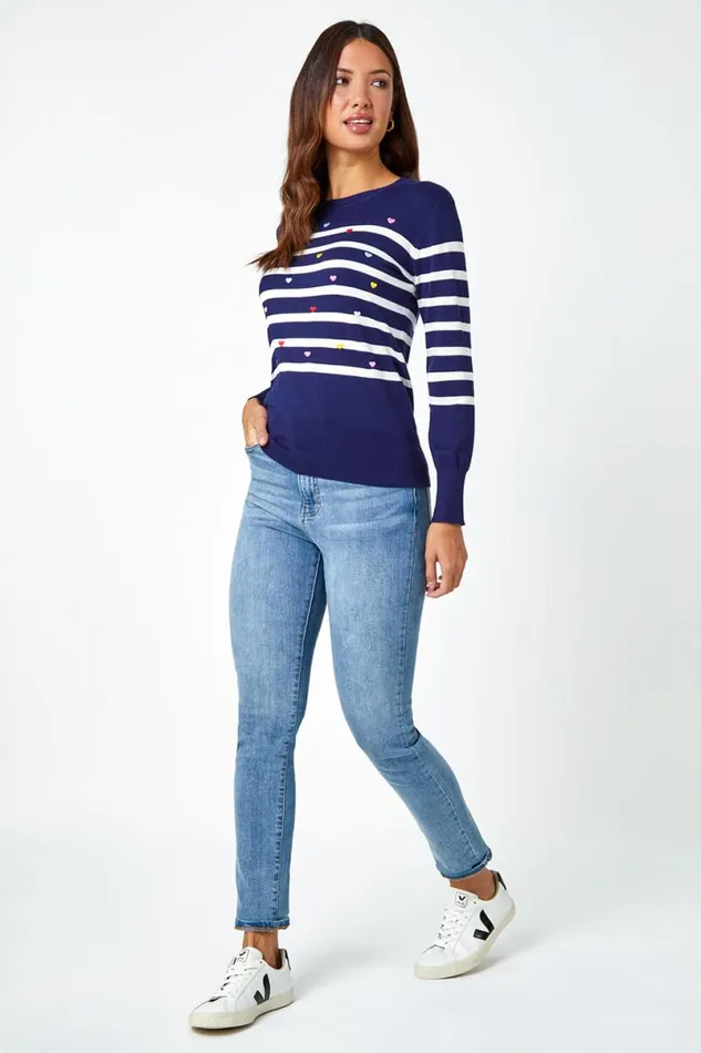 Navy Heart Embroidered Stripe Jumper Women Roman Knitwear
