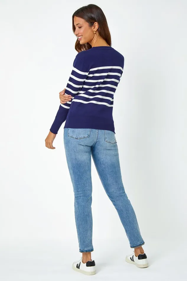 Navy Heart Embroidered Stripe Jumper Women Roman Knitwear