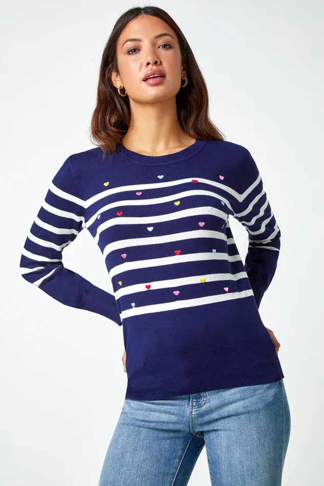 Navy Heart Embroidered Stripe Jumper Women Roman Knitwear