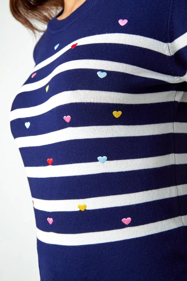 Navy Heart Embroidered Stripe Jumper Women Roman Knitwear