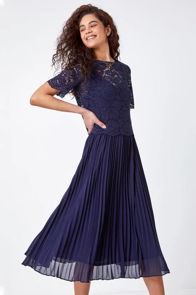 Navy Lace Top Overlay Pleated Midi Dress Women Roman Dresses