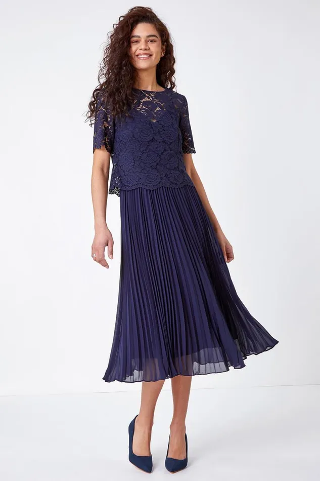 Navy Lace Top Overlay Pleated Midi Dress Women Roman Dresses