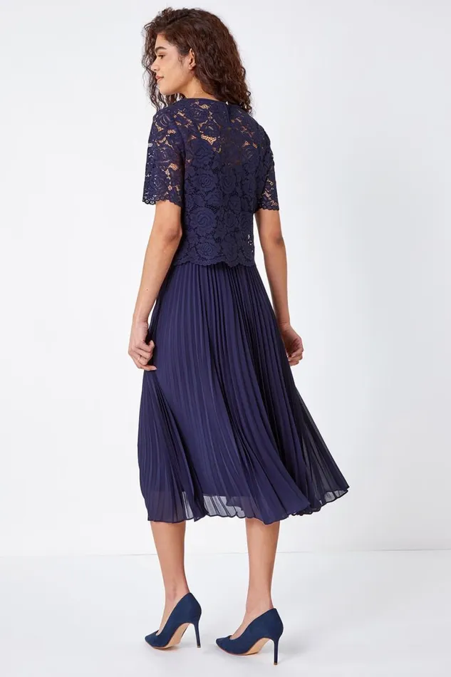 Navy Lace Top Overlay Pleated Midi Dress Women Roman Dresses