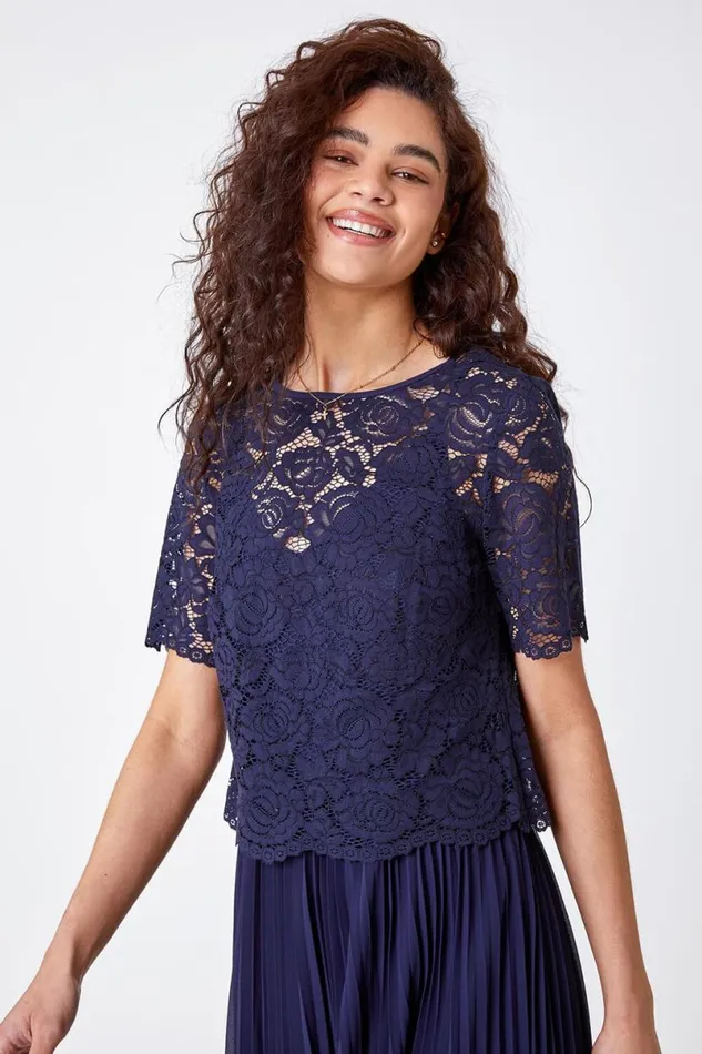 Navy Lace Top Overlay Pleated Midi Dress Women Roman Dresses