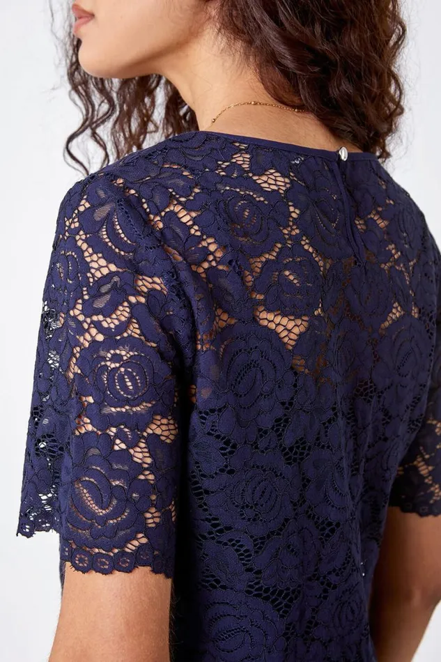 Navy Lace Top Overlay Pleated Midi Dress Women Roman Dresses