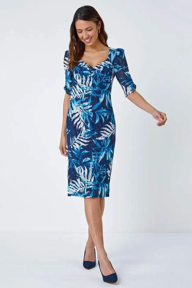 Navy Leaf Print Puff Sleeve Midi Dress Women Roman Dresses