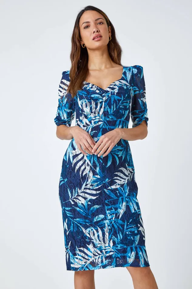 Navy Leaf Print Puff Sleeve Midi Dress Women Roman Dresses